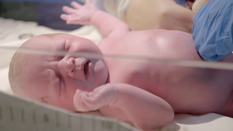 A crying newborn baby is pictured. The infant lies in a hospital bassinet, and gloved hands of...