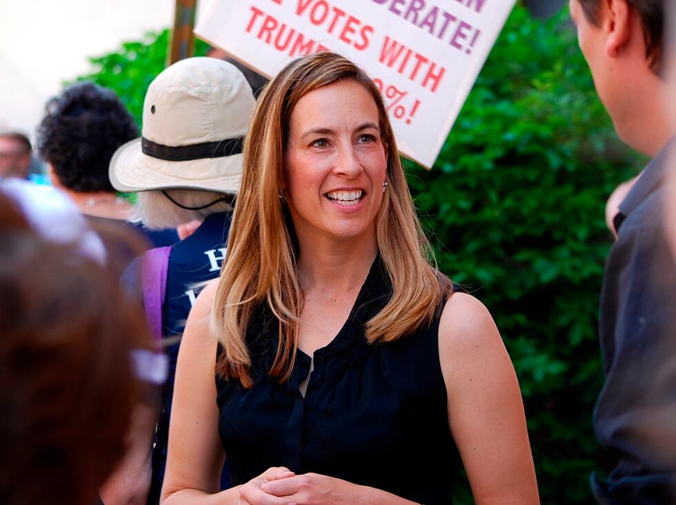 FILE- In this May 19, 2017, file photo, Mikie Sherrill joins protesters with NJ 11th for...