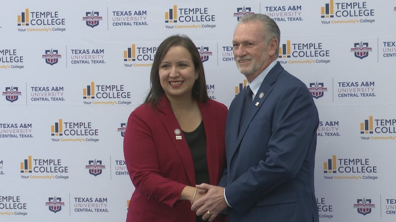 Temple College President Dr. Christy Ponce and Texas A&M President Dr. Richard Rhodes announce...
