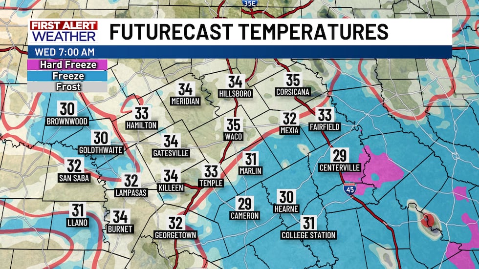 First Alert Futurecast Temperatures w/ Freezing Line (Wednesday Morning)