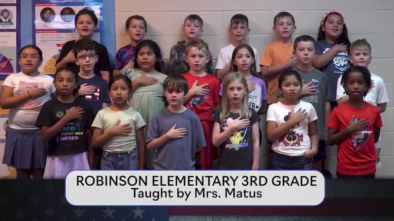 Today's pledge is brought to you by Mrs. Matus' class from Robinson Elementary.