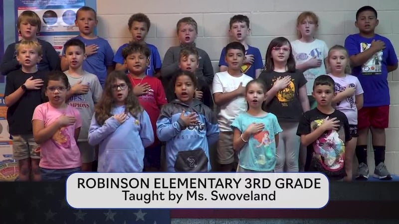 Today's pledge is brought to you by Ms. Swoveland's class from Robinson Elementary.