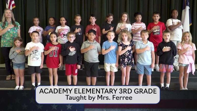 Today's pledge is brought to you by Mrs. Ferree's class from Academy Elementary.