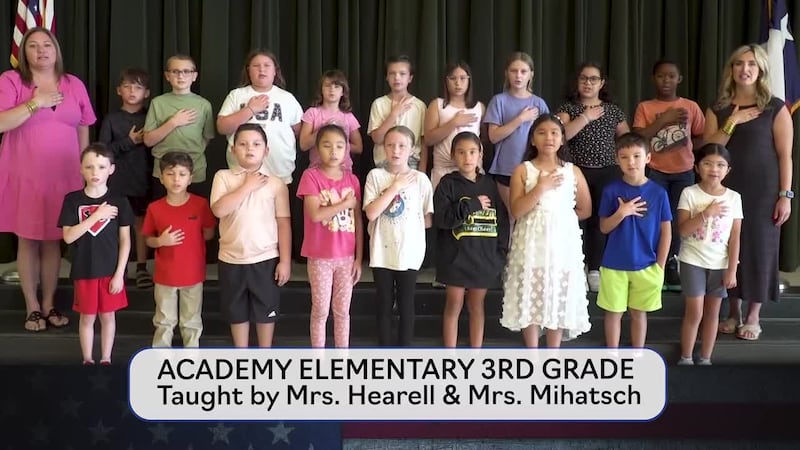 Today's pledge is brought to you by Mrs. Hearell's and Mrs. Mihatsch's class from Academy...